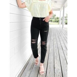 NWT ZENANA Women 31 Hi-Rise Stretch Jeans Distressed Cropped Raw Black Casual